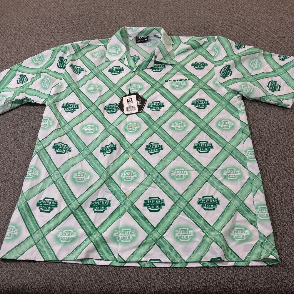 SouthPole Shirt Mens Size XL Button Front Short Sleeve Green Diamond Geographic